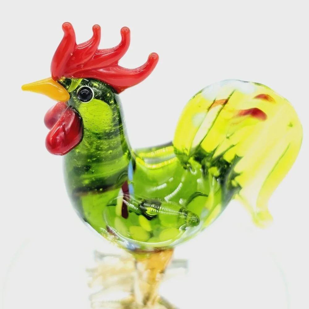 Vintage Hand Blown Art Glass Green Pulled Feather Rooster Chicken Figurine Farm
